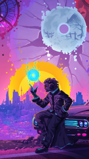 Man with glowing orb in futuristic city