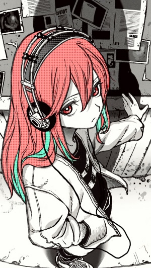 Anime girl with headphones and pink hair
