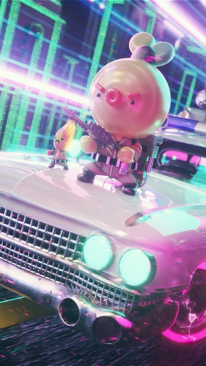 Cartoon characters with guns on a car