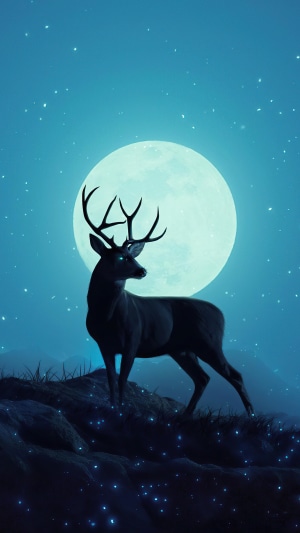 Minimalist digital art of a reindeer under the moon