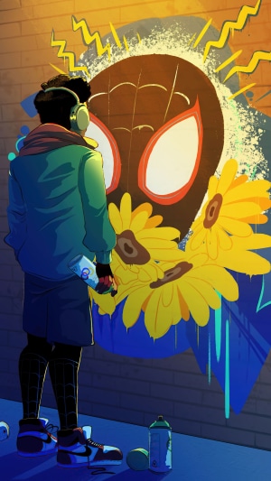 Miles Morales painting Spider-Man mural with sunflowers