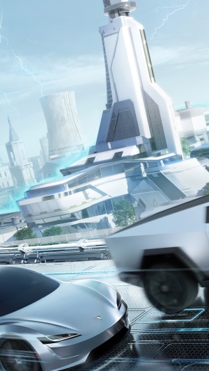Tesla Roadster and Cybertruck in futuristic city