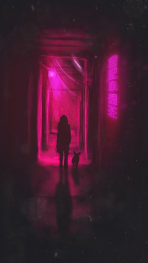 Person and dog in neon alleyway artwork