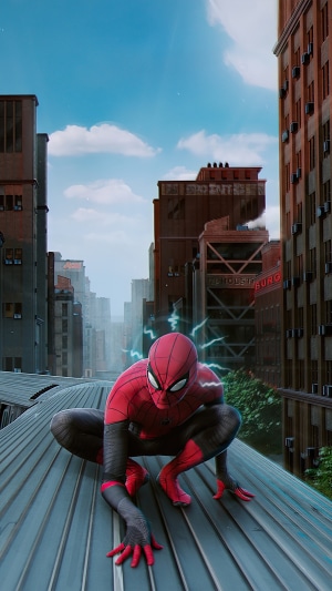 Spider-Man on a train roof in a city