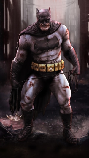 Batman with Batarang and Whip in Ruined City