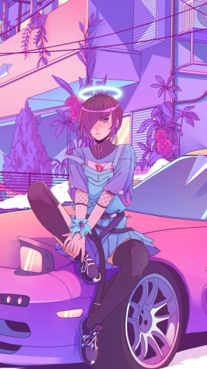 Anime girl with halo sitting on a car
