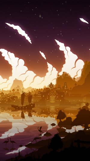 Genshin Impact game art with city and water