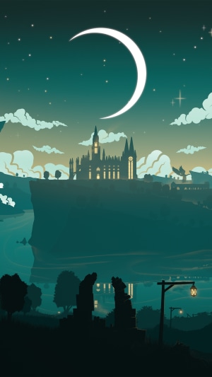 Fantasy castle on a cliff under a crescent moon