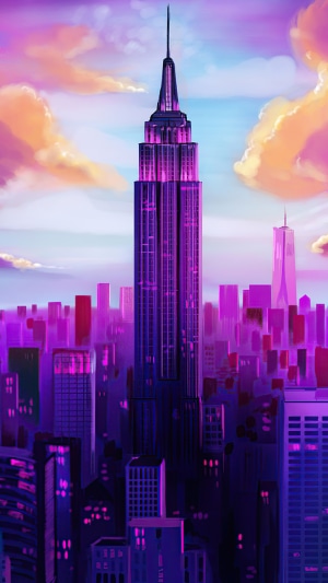 Empire State Building in a purple cityscape