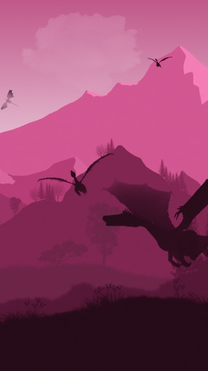 Minimalist pink landscape with dragons flying