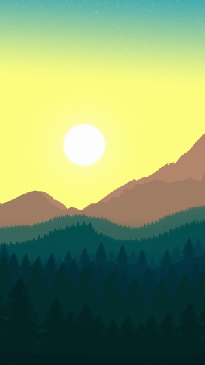Minimalist digital art of mountains and forest at sunset