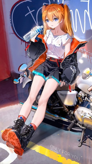 Asuka Langley Soryu from Neon Genesis Evangelion on a motorcycle