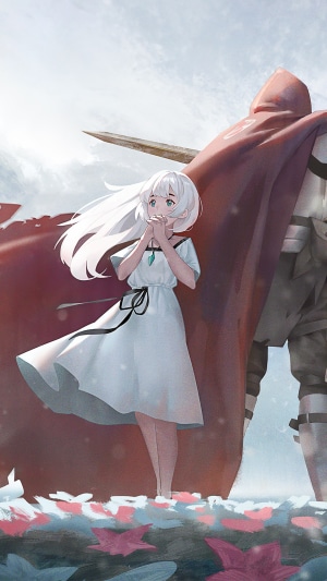 Anime girl in white dress with knight