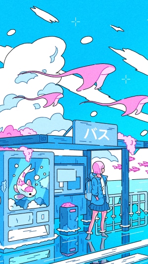 Anime girl at a bus stop with flying whales
