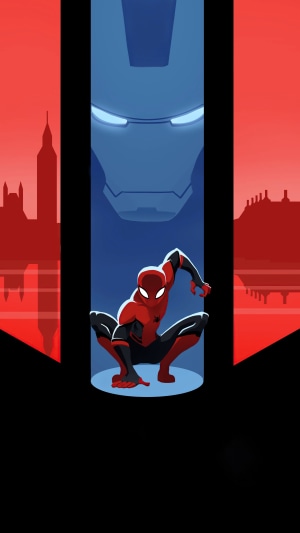 Spider-Man in front of Iron Man helmet with city skyline