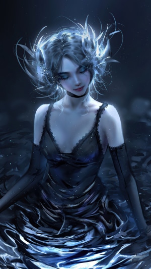 Artwork of a woman with glowing hair and a black dress