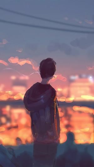 Artwork of a person looking at a city at sunset