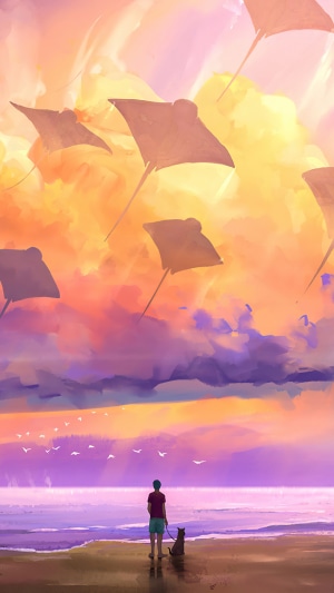 Digital art of stingrays flying in the sky