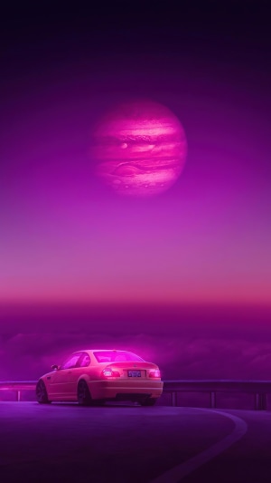 Synthwave car under a pink planet