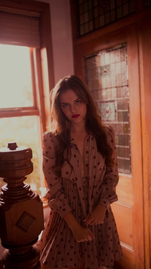 Lily Kate France in a polka dot dress