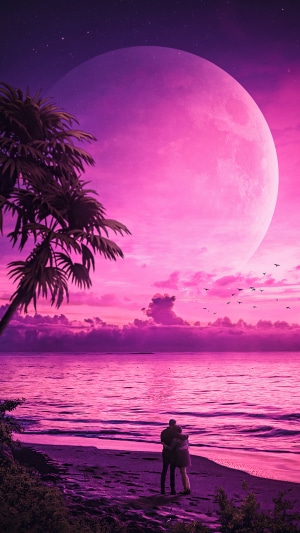 Couple hugging on a beach with a large moon