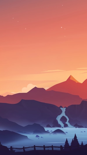 Minimalist landscape with mountains and waterfall at sunset
