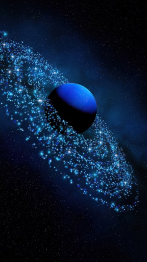 Blue planet with glowing ring in digital universe