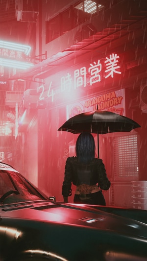 Girl with umbrella in Cyberpunk 2077 4K