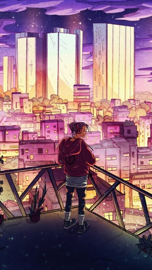 Anime girl with headphones overlooking city skyline at sunset