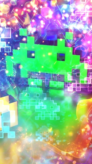 Space Invaders game characters in a colorful digital background
