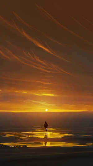 Person walking on wet sand during sunset