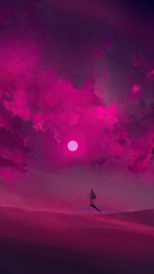 Person standing on a surreal pink landscape under a pink sun