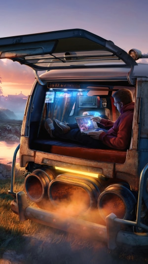 Sci-fi artwork of a person working on a laptop in a futuristic vehicle