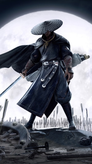 Samurai warrior with sword and moon