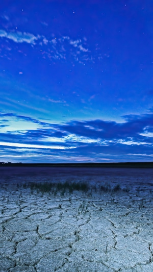 Cracked earth under a starry blue sky