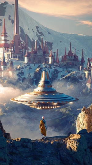 UFO hovering over a mountain city with a person watching