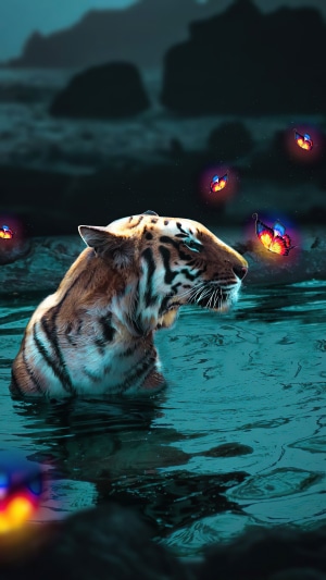 Tiger in water with glowing butterflies