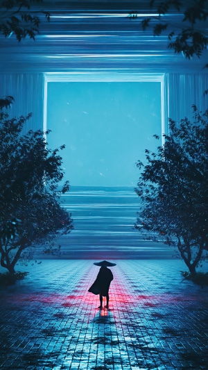 Silhouette of a person in a conical hat in front of a glowing portal