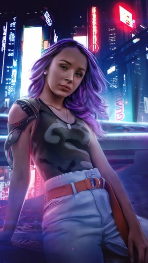 Cyberpunk woman with purple hair in a city