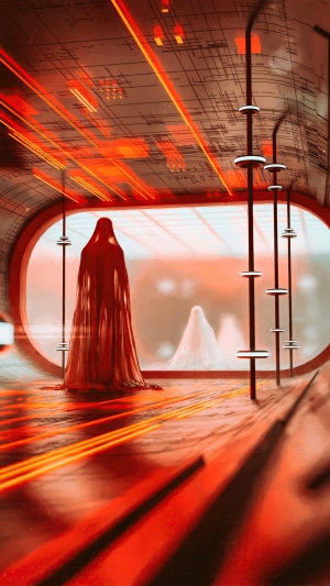 Figure in red cloak in futuristic corridor