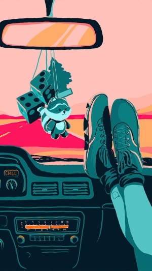 Artwork of a car interior with hanging dice and a raccoon toy