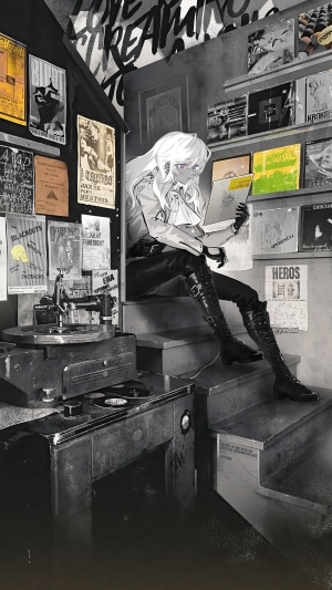 Anime girl with white hair looking at a record