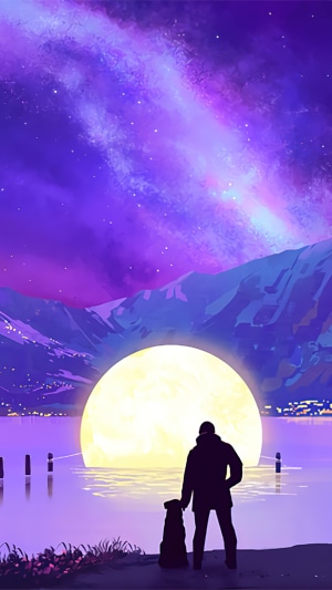 Man and dog watching a large moon over a lake