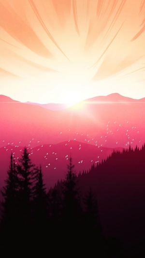 Digital art of a sunset over mountains with birds