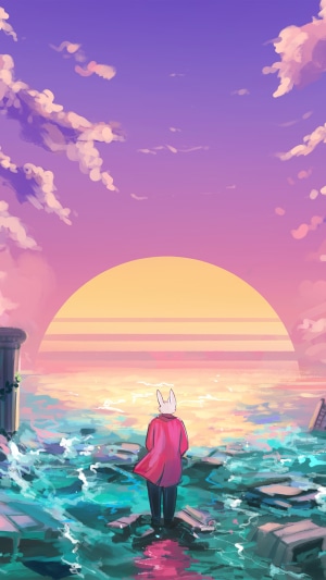 Artwork of a character in a red coat by the sea