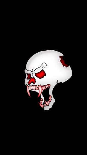 Digital art of a white skull with red eyes