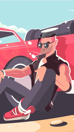 Man in sunglasses sitting by a red car
