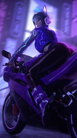 Cyberpunk girl with cat ears on a motorcycle