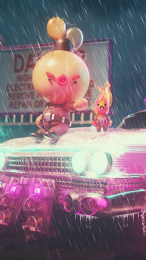 Artwork of two characters on a car in the rain
