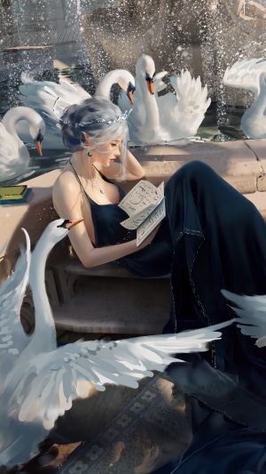 Elf princess reading by fountain with swans
